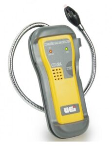 A combustible gas detector detects small amounts of combustible gases. We also use our nose since the most common combustible gases – natural gas and propane – have odors added that are easy to detect. A handheld combustible gas leak detector with indicator lights and a flexible probe, labeled "UEi CD100A.