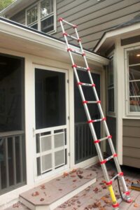These ladders are easy to carry through homes without bumping into walls and can be carried in the trunk of a car. A telescoping ladder is extended and leaning against the roof above a screened porch on a house.