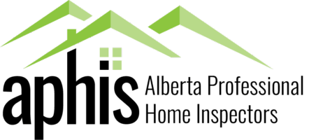 Logo for Alberta Professional Home Inspectors, featuring green rooftops and the abbreviation "aphis" in bold black text.