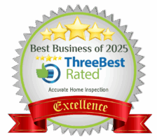 Award badge stating "Best Business of 2025," "ThreeBest Rated," and "Excellence" for Accurate Home Inspection.